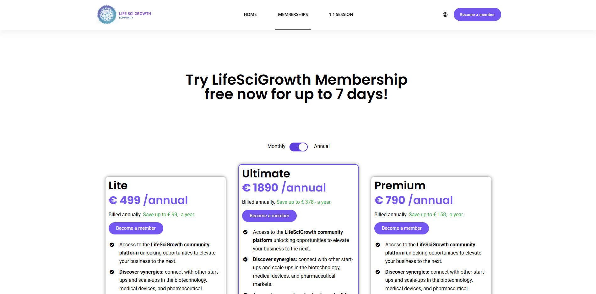 LifeSciGrowth membership prijzen sectie